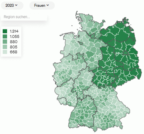 Durchschnittliche Rentenzahlbeträge (Euro) von Frauen in Deutschland 2023. (Bild: Bundesamt für Kartografie und Geodäsie 2024)